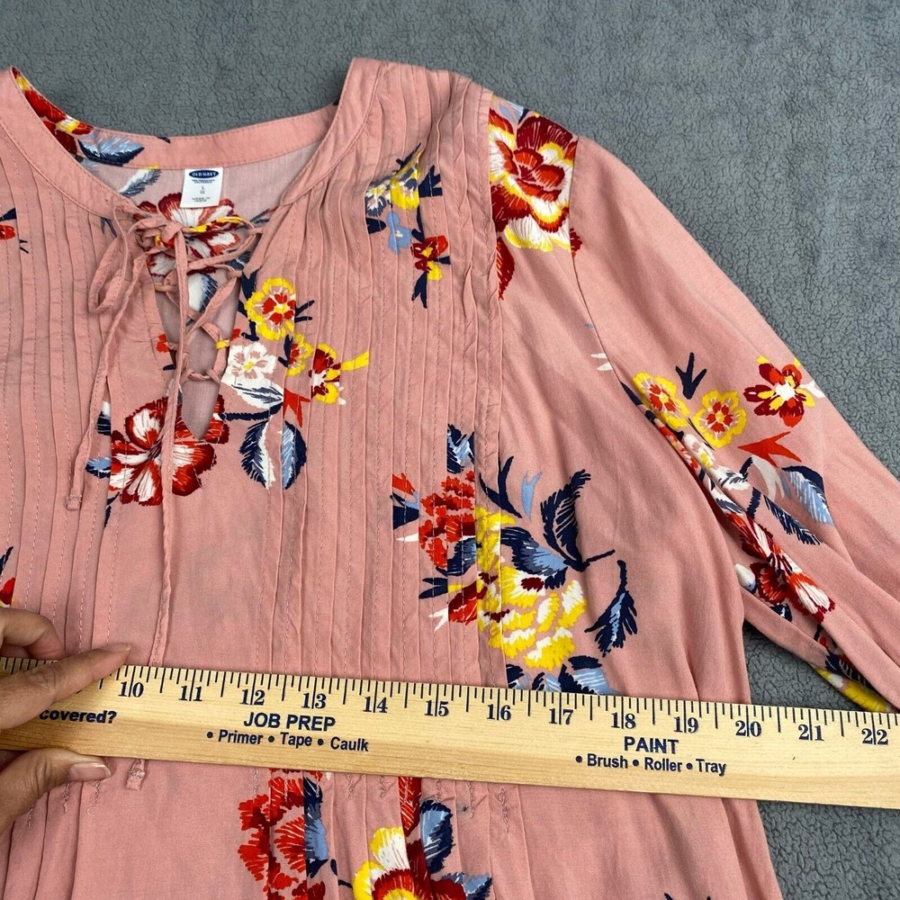Old Navy Women's  Blush Pink Floral Blous‎ Large Long Sleeve Bow Neck Pleat - Picture 4 of 15